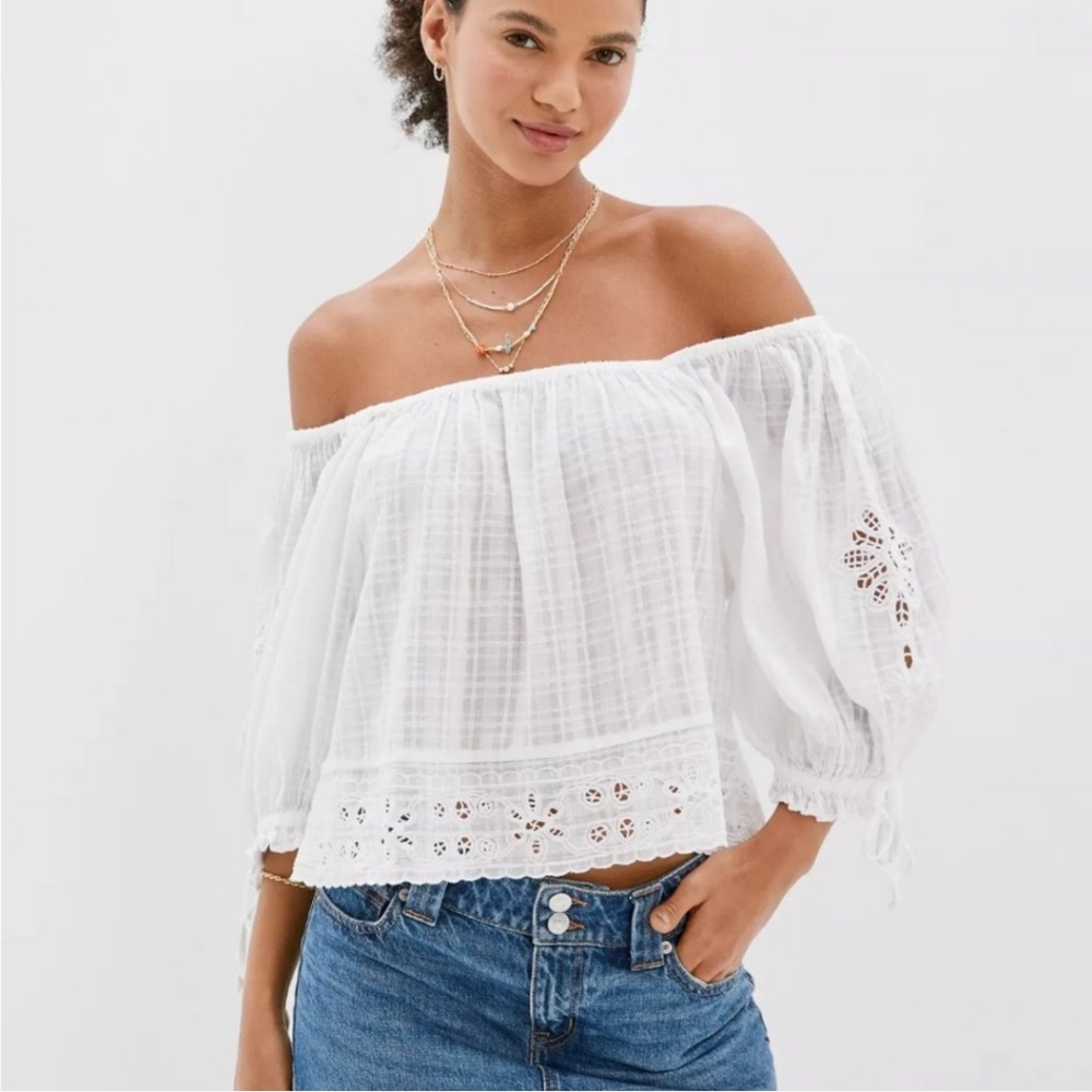American Eagle Wide Neck Puff Sleeve Blouse White Size Medium